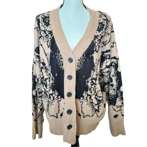 Joress Artsy Boho Abstract Knit Cardigan Sweater | Tan & Black | Size Medium
